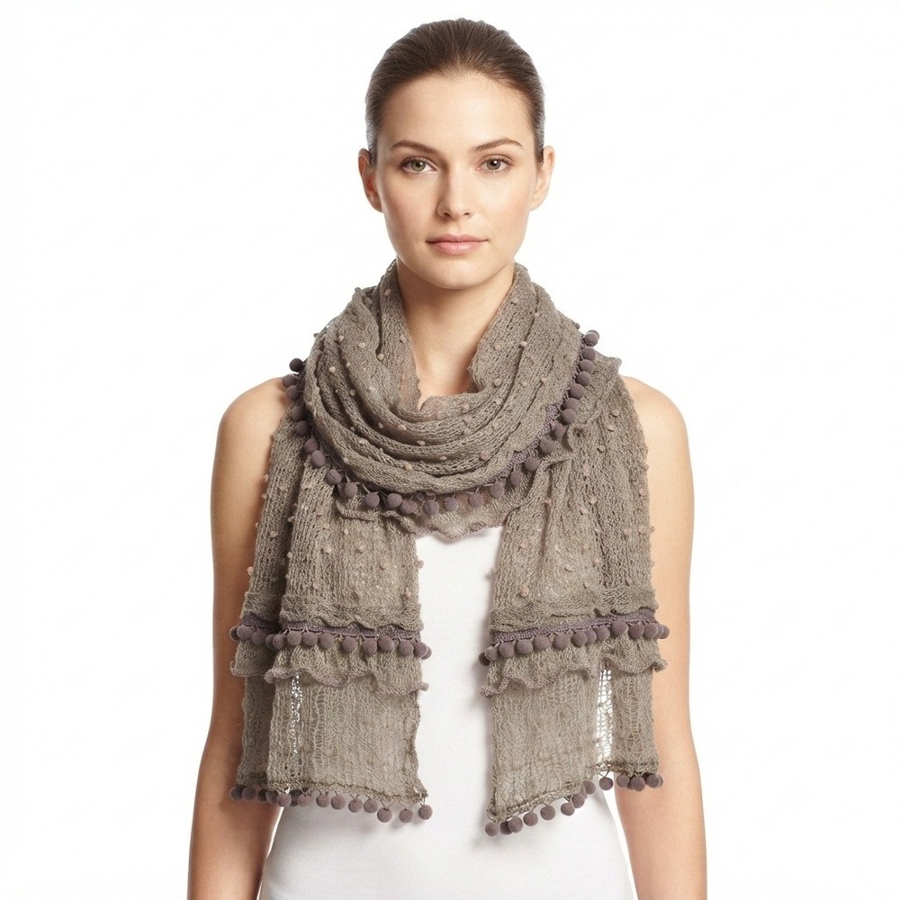 Scarf Womens Taupe Grey Open Knit Pom Pom Bohemian Ruffle Trim Viscose Wrap